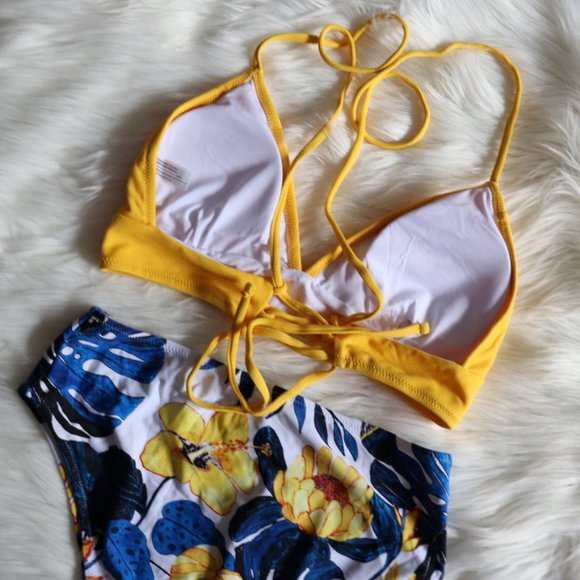 Yellow Blue Leaf High Waisted Bikini Set Sz M - Picture 6 of 7